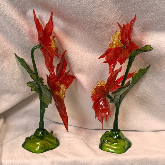 Vintage 60's Lucite Christmas Poinsettias Pair Red Green Glows C.K. Industries - Picture 11 of 12